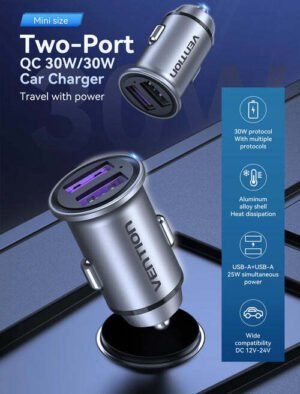 Vention Two-Port USB A+A(30+30) Car Charger Gray Mini Style Aluminium Alloy Type